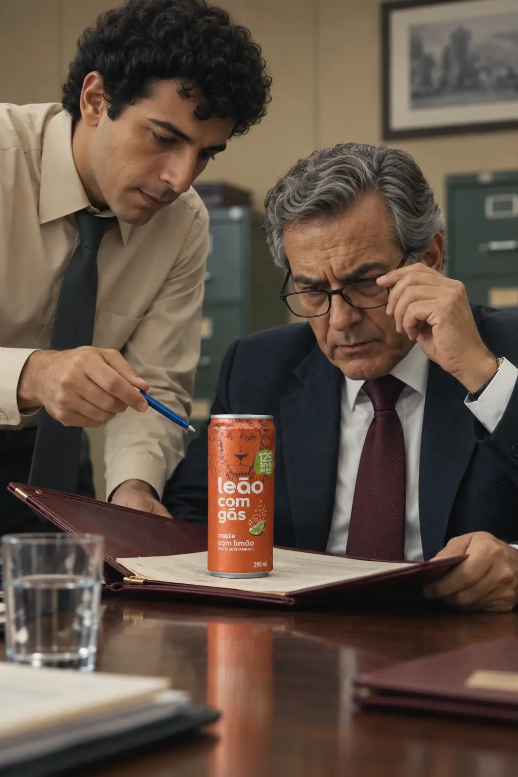 Analista apresenta a lata de Mate Leão ao presidente durante uma reunião