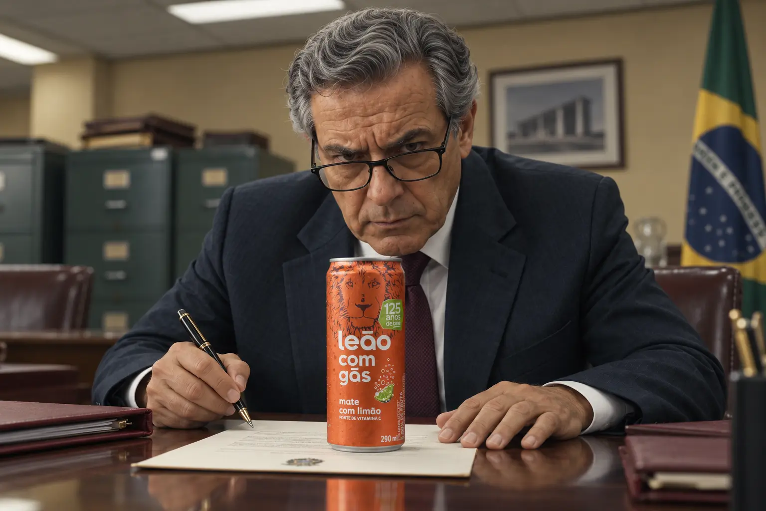 Presidente observa uma lata de Mate Leão sobre a mesa