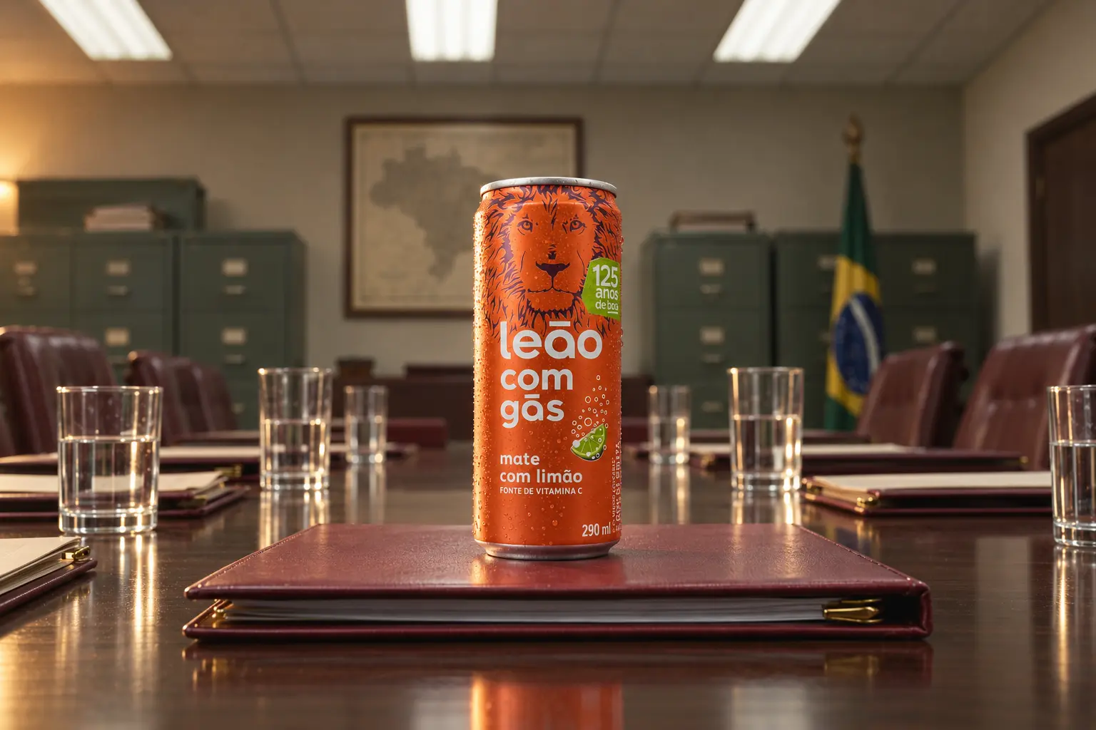 Lata de Mate Leão sobre um dossiê em uma mesa de escritório