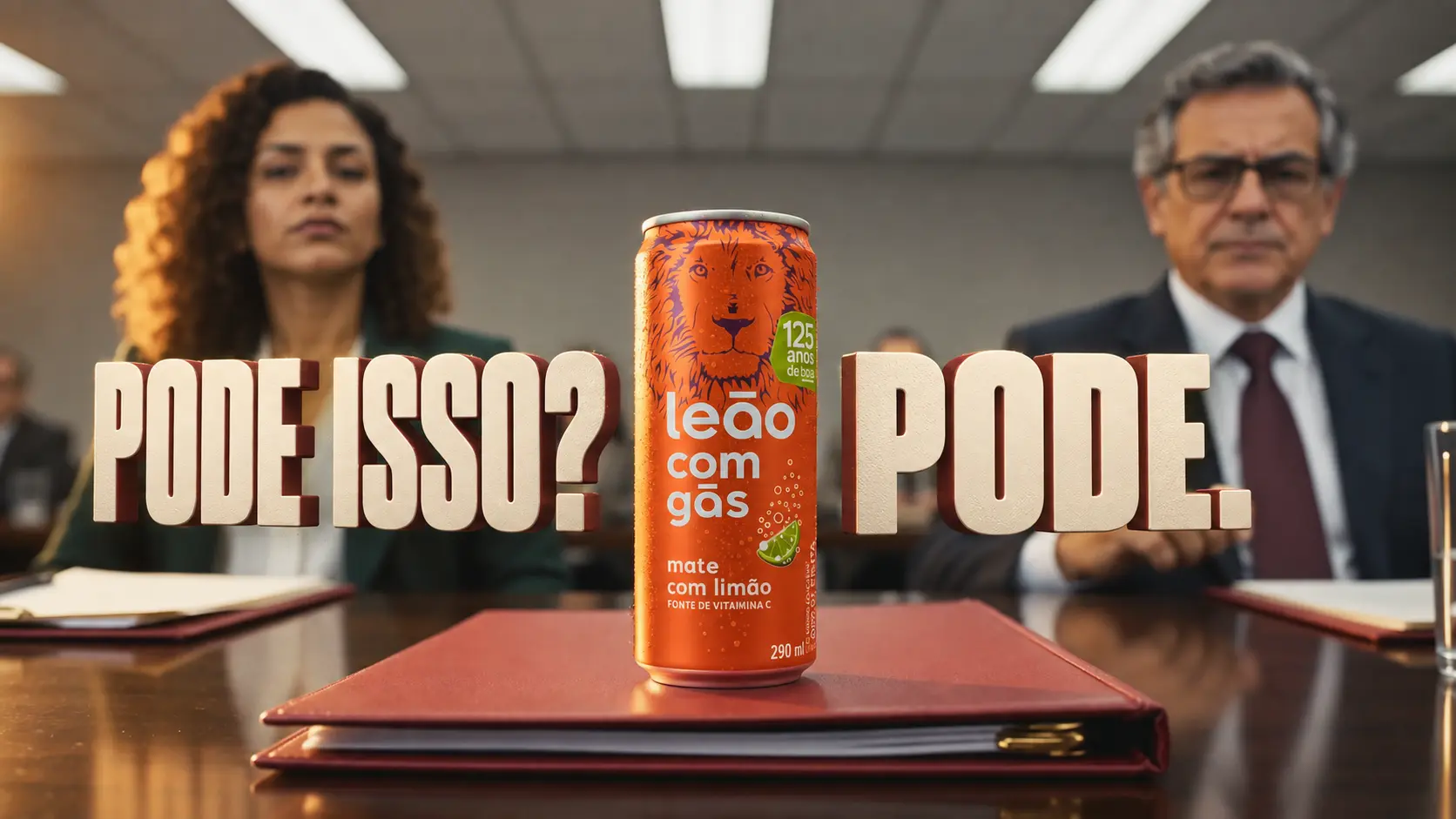 Lata de Mate Leão em primeiro plano com personagens e a frase Pode isso? Pode