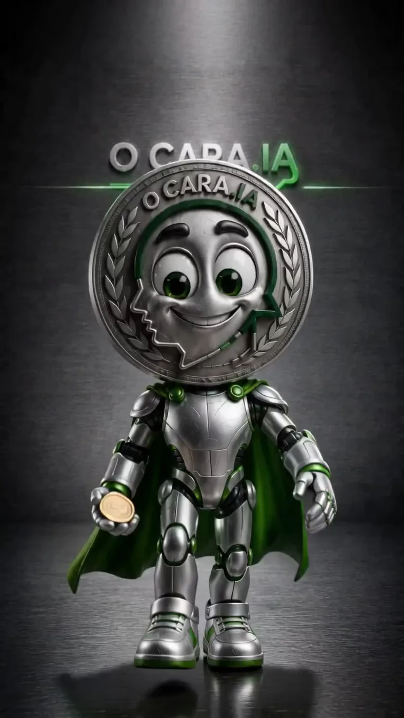 Mascote O Cara.IA em cenário de dados